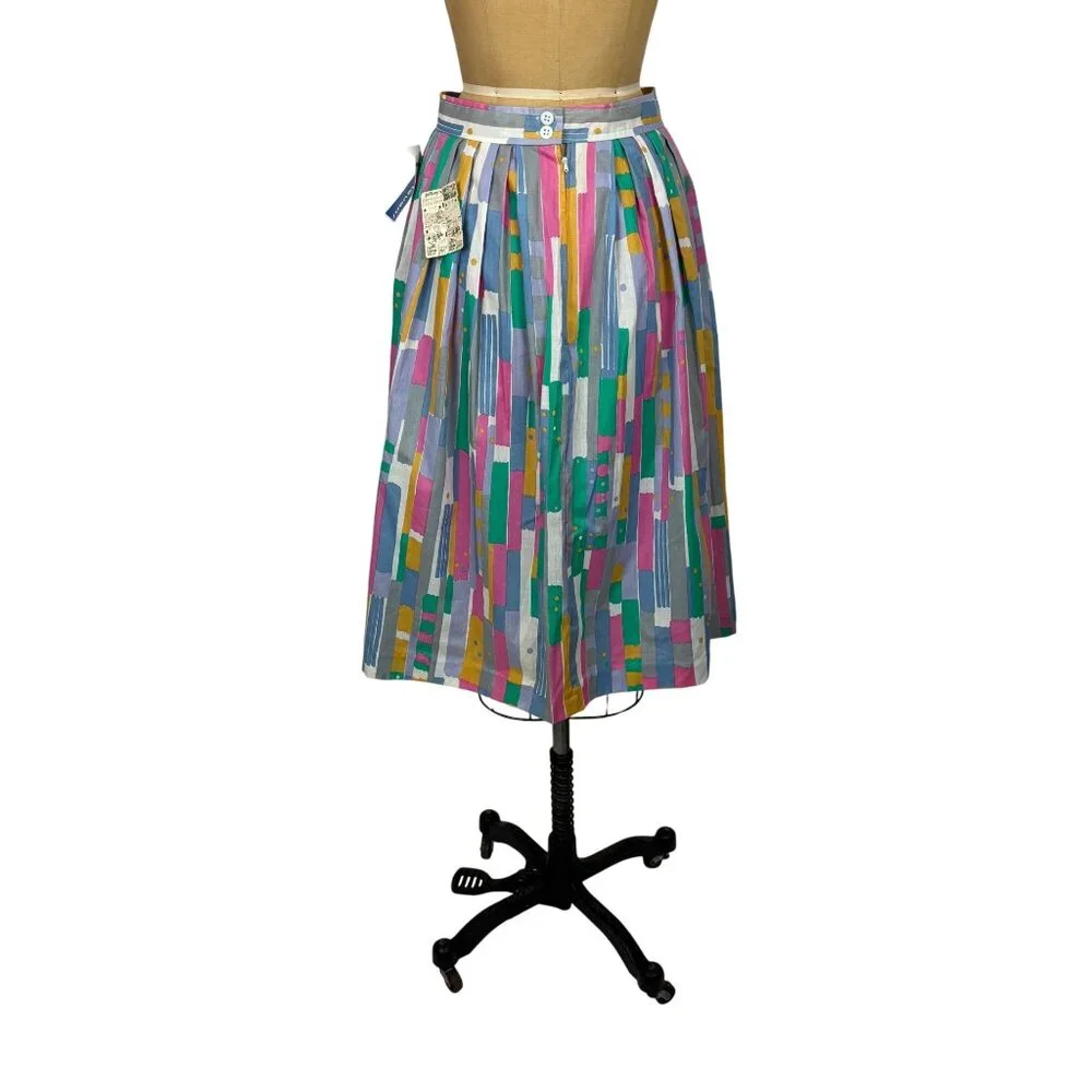 Vintage 80s Cotton Skirt Womens Small Deadstock Pastel 50s Style Pleated - Picture 9 of 10